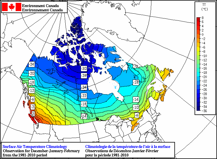 Canadian map displaying winter average temperatures
